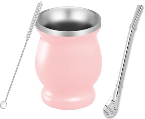 Yitobici Taza mate, juego de tazas de té mate, con pajita y cepillo de limpieza, diseño con aislamiento de doble pared, para té mate (rosa).