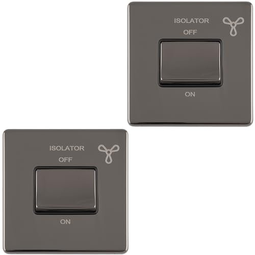 2 Pack SCREWLESS 6A Extractor Fan Isolator Switch Black Nickel 3 Pole Shower - 230V Bathroom Wetroom Fan Switch Wall Plate