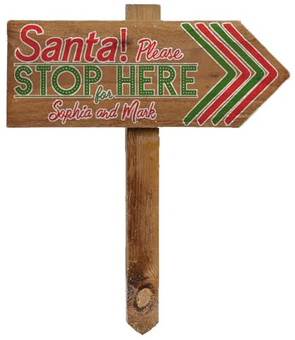 Personalised Outdoor Christmas Santa Please Stop Here Sign with Stake Customised with Name, Wooden Arrow Pointing Right or Left, Christmas Décor Garden Sign