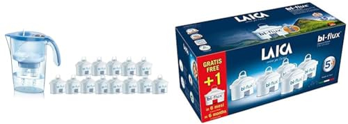 Laica J9074A1 kit 13 filtri bi-flux e caraffa filtrante, 2.3 Litri totali, 1.2 Litri filtrati & Cartuccia filtrante per acqua LAICA Bi-Flux – Preserva i sali minerali riducendo cloro e metalli