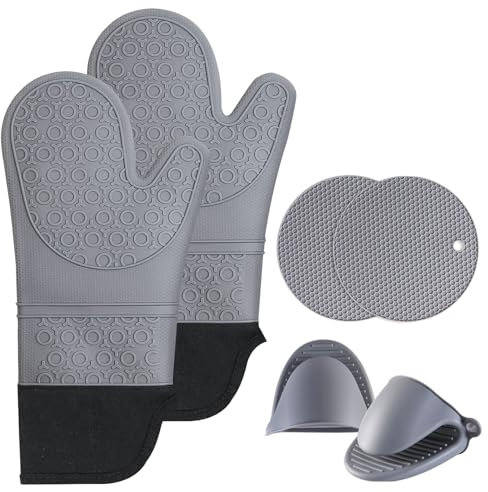Maniques Cuisine, 6 Gants de Four, Maniques Gants de Cuisine Silicone, Gants de Cuisine et Tapis de Poêle, avec Silicone Antidérapant, pour la Cuisson, la Pâtisserie et Le Barbecue, Gris