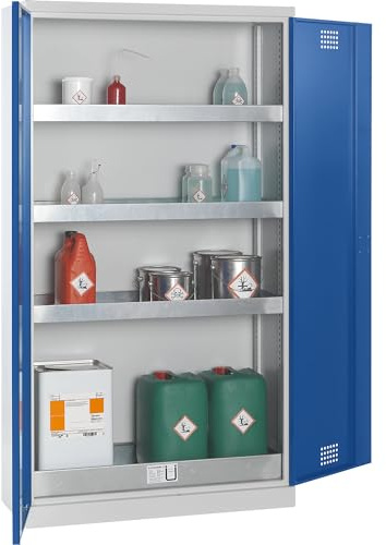 eurokraft pro | Umweltschrank | Mit 3 Wannenböden und 1 Bodenauffangwanne, Türen enzianblau