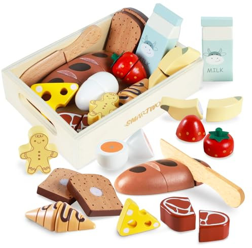 Smartwo Jouet en Bois pour Petit Déjeuner pour Enfants, Pains et Fruits en Bois à Découper, Dinette Bebe en Bois, Accessoire Cuisine Enfant, Jeu Marchande, Cadeau Fille Garçon 2 3 4 5 Ans