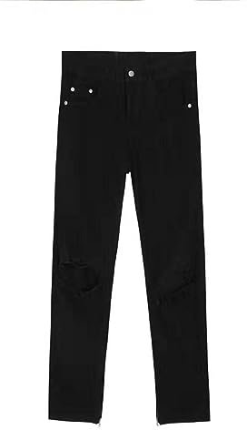 YUEZHAN Jeans Pants Denim Fashionable Puncture Knife Cut Side Zipper Black Slim Fitting Jeans For Men And Women'S Pants S Black Ripped