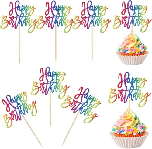 24 Stück Geburtstag Kuchen Deko Glitzer Happy Birthday Cupcake Toppers Geburtstag Tortendeko Gute zum Geburtstag Kuchen Deko für Geburtstag Jahrestag Thema Party Kuchen Dekorationen Regenbogen