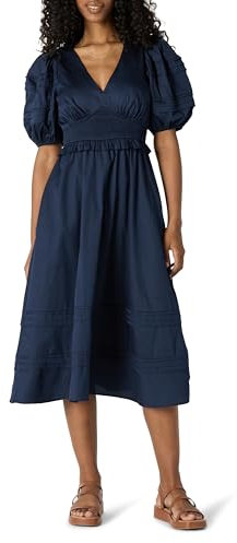Amazon Essentials Women's Regular-Fit Cotton Sateen Puff-Sleeved Midi Dress, Navy, L