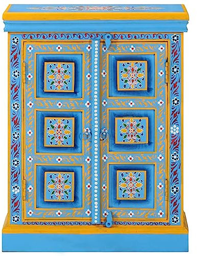 HETFTJN Schränkchen Sideboard Wohnzimmer Küchenschrank Anrichte Sideboard - Anrichte Massiv Mangoholz Türkis Handbemalt für Küche Flur Büro Wohnzimmer