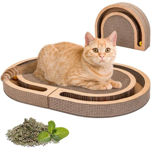 Nobleza Extra Larga Rascador Gato Carton con Juguete de Bola y Hierba Gatera, Alfombrillas de Cartón Rascador de Gato de Interior, 60x40cm