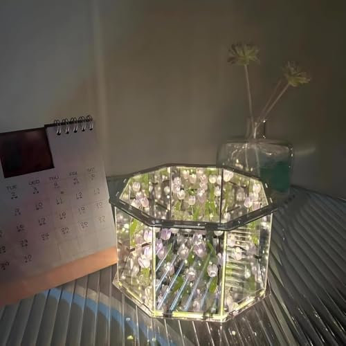 Enchanted Box, Verzauberte Box, Tulpen Lampe, Rose Nachtlicht, LED Tulpen Nachtlicht, Handgemachte DIY magische achteckige Blume Tischlampe und 2-in-1-Spiegel Licht für Schlafzimmer Heim Dekor (B)