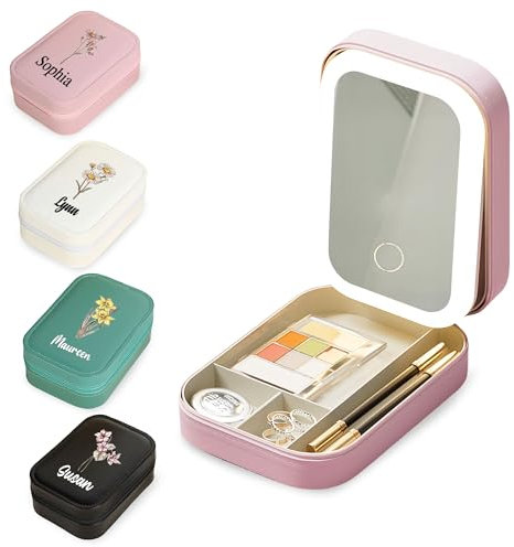 AIFLM Personalisierte Name Travel Makeup Etui mit LED-Spiegel Personalisierte Geburt Blume Travel Jewelry Box mit Spiegel Tragbarer Schmuck Organizer mit Spiegel