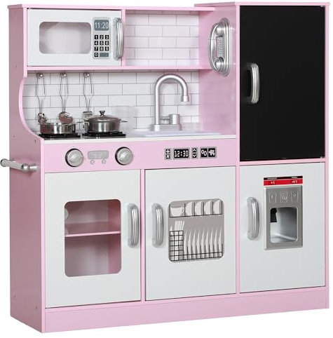 AIYAPLAY Play Kitchen, Kids Kitchen Playset Toy with Chalkboard, Toy Phone, Microwave, Ice Maker, Cooking Stoves, Sink, for Boys Girls Ages 3-8 Years, Pink