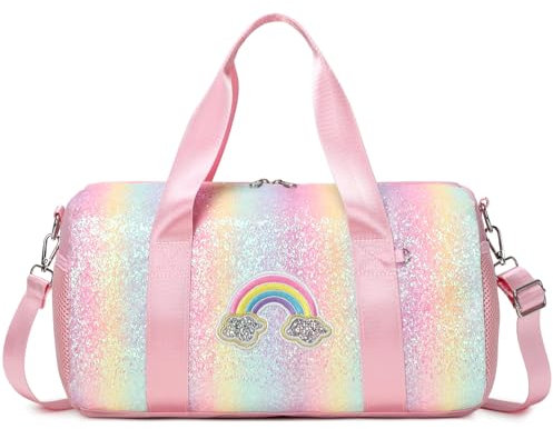 Glitzer Regenbogen Sporttasche Kinder Mädchen Gymnastiktasche Ballet Latin Tanztasche Kleine Reisetasche mit Wasserdichter Tasche