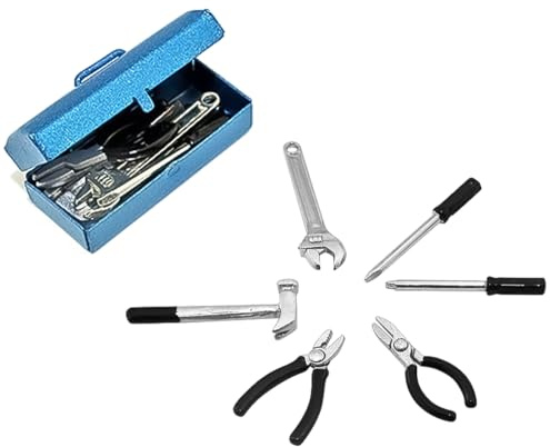 Ieron 6 Pcs Dollhouse Miniature Repair Tool Set With Box Metal Miniature Scene Model Work Tools for DIY Miniature House Garden Tools 1:12 Shed Work Accessory