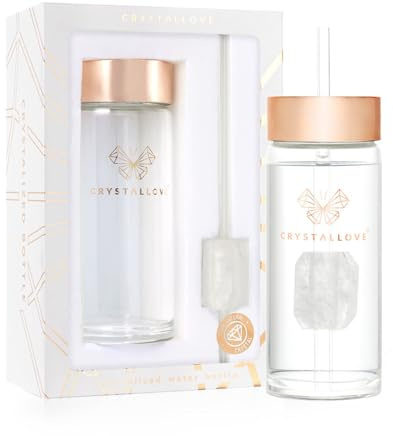 CRYSTALLOVE GLASWASSERFLASCHE MIT BERGKRISTALL UND TRINKHALM 400ml