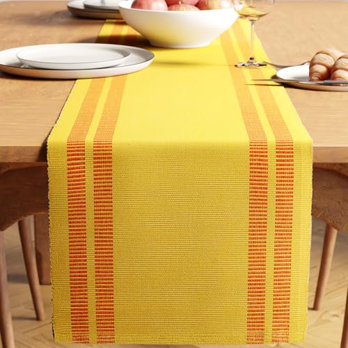 Encasa XO Tischläufer | Garngefärbte Feinripp-Baumwolle | Größe 32x150 cm | Leiter Zitrone | Maschinenwaschbar
