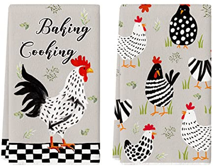 Artoid Mode Hühner Geometrisches Gitter Blätter Backen Frühling Küchentücher Geschirrtücher, 42x65 cm Sommer Küken Dekoration Handtücher 2er Set