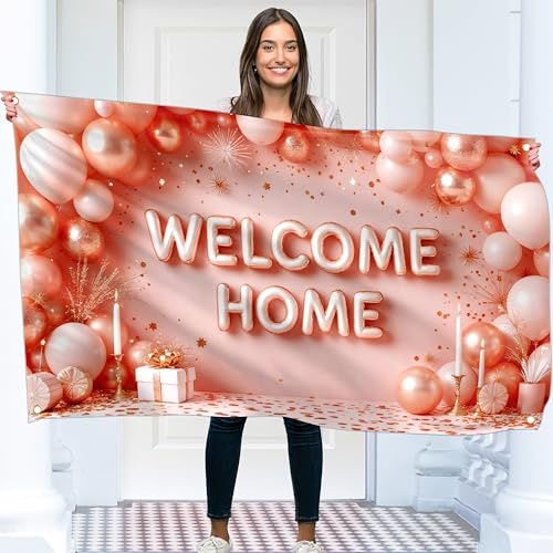 Cartel de bienvenida a casa – Cartel de bienvenida – Decoración de bienvenida para el hogar – 5 pies x 3 pies con imagen de globo de bienvenida – Cartel de bienvenida a casa – Cartel de «We Missed You