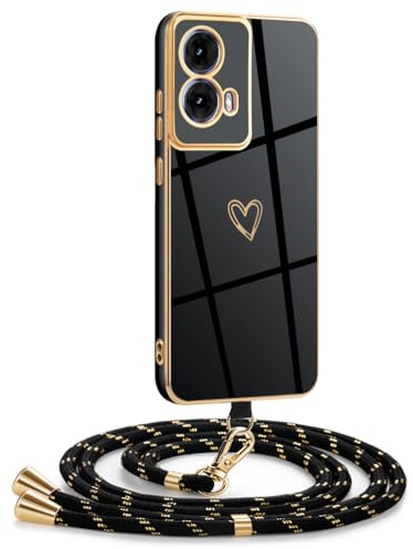 Mkej Coque pour Motorola Moto G85 5G avec Cordon, Coque avec Collier Motif Coeur d'amour Silicone Galvanisé Housse, Réglable Amovible de Cordon Case pour Motorola Moto G85 5G, Or Noir