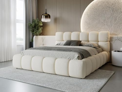GRAINGOLD Modo Bett 140x200, Polsterbett mit Bettkasten, Polsterbett mit Stauraum, Samt, mit Lattenrost, mit Kopfteil, ohne Matratze (Beige, 140x200)