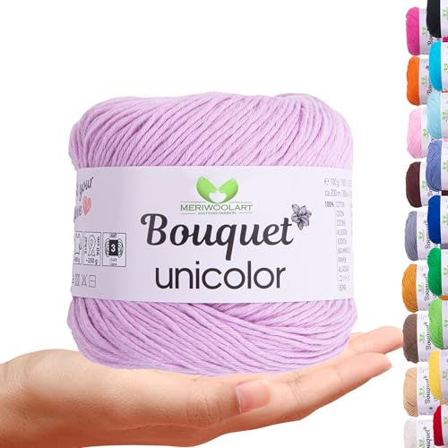 MeriWoolArt Bouquet Baumwollgarn Flieder – 100% Baumwolle – Häkelgarn & Strickgarn – 100g, 200m – Ideal für Tücher, Babydecken, Amigurumi, Sommerkleidung & Wohnaccessoires