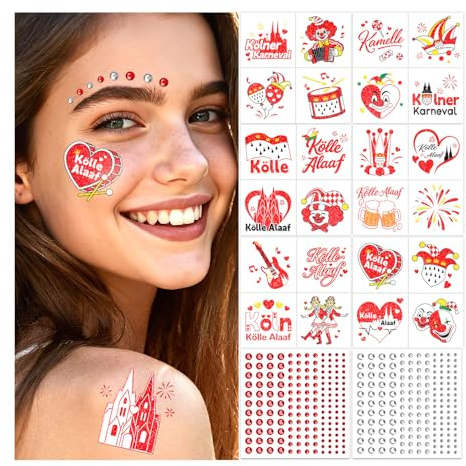 Glitzer Gesichtstattoos Karneval, GlitzerTattoos für Kölner | Temporäre Tattoos für Köln, Faschingsschminke, Party Accessoires