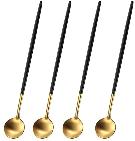 9 Inch Gold Latte Spoons with Black Handle,Set of 4 Stainless Steel 304 Long Coffee Stirring Spoons,Long Handle Iced Teaspoons,Durable Iced Cream Sundae Spoon,Cocktail Stirrer