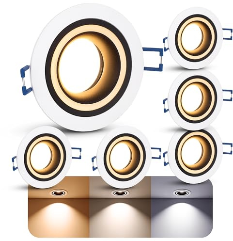 SSC-LUXon Matapo Einbaustrahler 6x weiß Modul 4W 3 Lichtfarben Lichtring | Sechs Design-Deckenspots weiß mit schwarzem Rand & Lichtring - LED-Modul mit warm / neutral / tageslicht, wechselbar, 230V