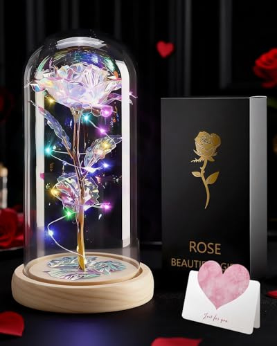 Valentines Gifts for Her, Galaxy Rose Flower Gifts for Women, Romantic Crystal Colorful Rose Light Up Flower in A Glass Dome for Mom Wife Daughter, Gift for Birthday, Anniversary, Wedding, Engagement