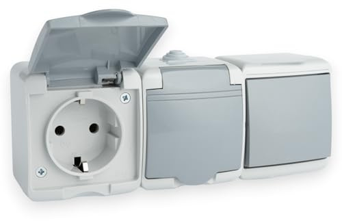 Aufputz 2-Fach Steckdose mit Deckel und Lichtschalter IP44 230V 16A, Grau | Aufputzsteckdose Wippschalter Ausschalter Wippkontrollschalter Wipptaster Waagerecht Staubdicht Feuchtraum