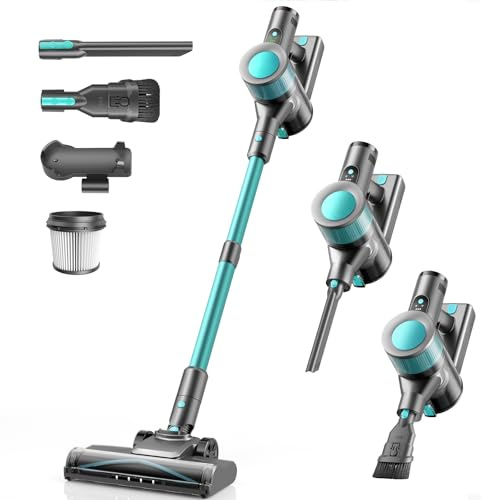 Ziaggnar Aspirateur Balai sans Fil 45KPa, Aspirateur sans Fil Puissant, 50 Min Autonomie, Batterie Amovible, Brosse Anti-Enchevêtrement LED, Aspirateur Léger pour Poils d'animaux, Tapis (Cyan)