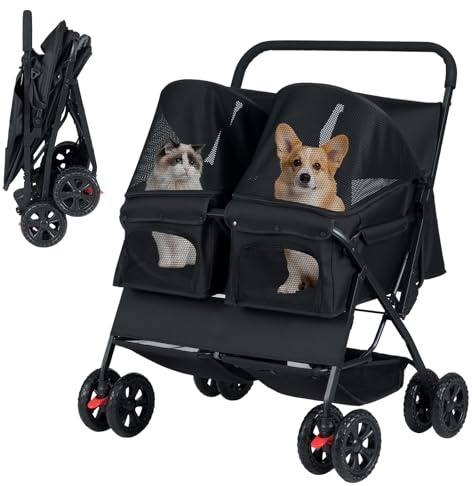 COSTWAY Hundewagen Doppel, Hundebuggy faltbar für 2 Hunde und Katzen, Haustier Kinderwagen mit verstellbarem Sonnendach, Korb & Polster, Hundebox Transporttasche klappbar, Zwillingsbuggy, Schwarz