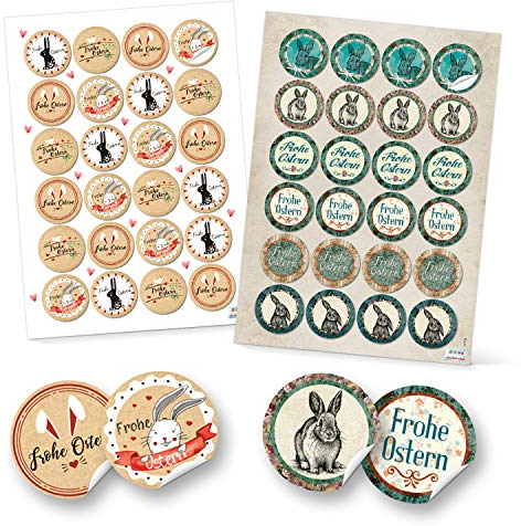 SET 48 Frohe Ostern Aufkleber Osterhase Osterdeko bunt Osteraufkleber rund Verpackung Kindergeschenke Geschenke Give-Away beige rot weiß türkis