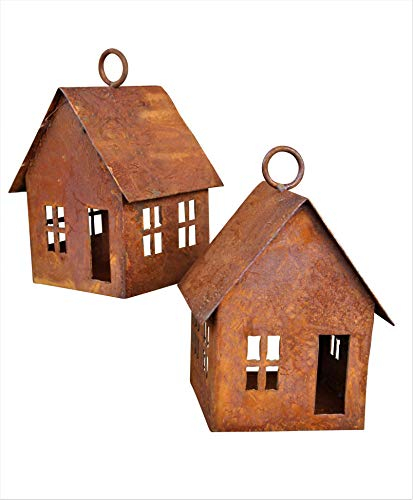 Bornhöft Edelrost Lichterhaus 2er SetWindlicht Gartendeko rostige Deko Kerzenhaus (Set zum hängen)