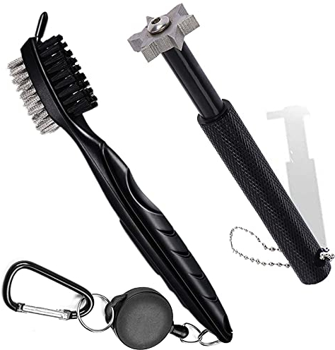 Golf Club Brush and Golf Groove Cleaner Sharpener Tool Set, Cleaning Sharpening Kit for Wedge Irons, Double Sided Brush with Spike Zip-Line Clip Easy to Use and Attach to Golf Bag Ball Pouch (Black)