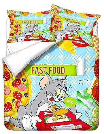 NICHIYO Tom and Jerry Bettwäsche-Set – Bettbezug und Kissenbezug, Mikrofaser, 3D-Digitaldruck, dreiteilige Bettwäsche (24, Einzelbett 135 x 200 cm)