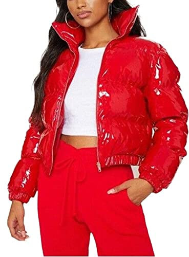 Uaneo Cropped-Pufferjacke für Damen, Winter, glänzend, mit Reißverschluss, kurze Blase Puffy-Mäntel, Rot/Ausflug, einfarbig (Getaway Solids), XS