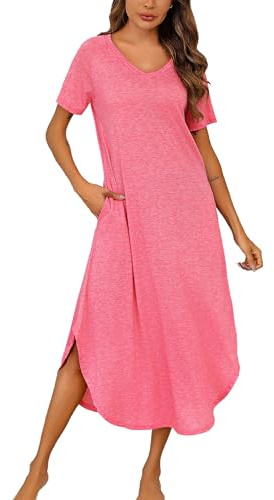 Nieery Women Nightdress Long Style Short Sleeve Nightgown, V Neck Cotton Nighties Nightshirts Sleepwear Night Summer Dress (Red, Medium)