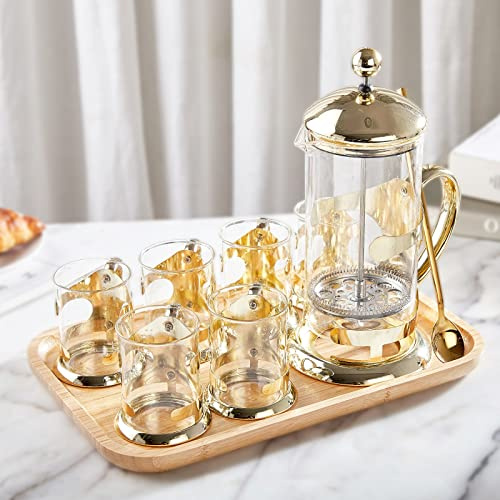 DUJUST French Press Kaffeepressen Set mit 6 Tassen & 1 Tablett, Luxus-Gold-Design Kaffeemaschine mit 4-stufigem Filtersystem, Hochwertige Borosilikatgläser, Wohndeko - [1L]