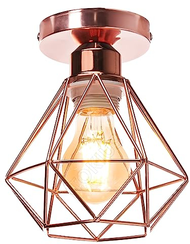 TOKIUS Plafonnier Industriel Vintage Luminaire E27 Rétro Lustre Suspension Design Métal Cage Ø160mm éclairage plafond Pour Salon Cuisine Chambre (Or rose-PL-1)