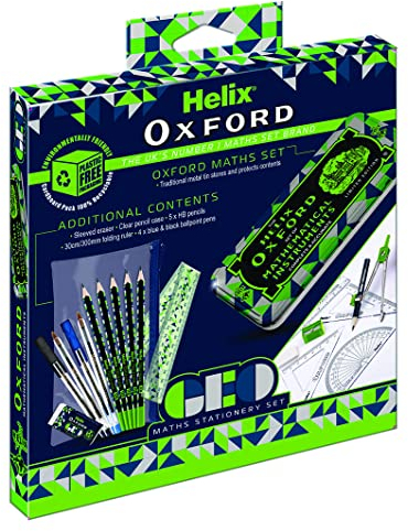 Helix Oxford Geo Complete Maths and Stationery Set - Oxford Maths Set, 30cm Folding Ruler, Ballpoint Pens, Eraser, Exam ready clear Pencil Case and Pencils - Green Geometric Design