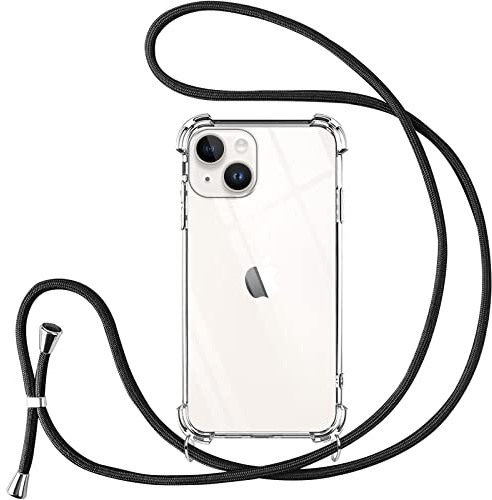 Vauki Mobile Phone Chain for iPhone 14 Case with Strap, Transparent Silicone Mobile Phone Case for Hanging, Shockproof with Cord, Necklace Cord, TPU Bumper Case for iPhone 14