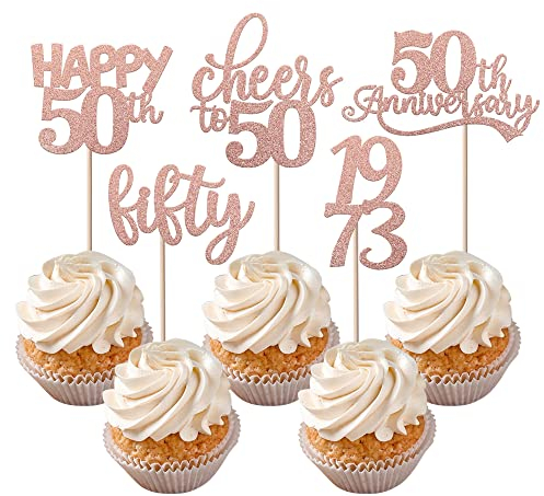 Xsstarmi 30 Pack Happy 50th Birthday Cupcake Toppers Glitter Fifty Since 1975 Cheers to 50 Cupcake Picks for Happy 50th Anniversary Party Cake Decorations Supplies Rose Gold