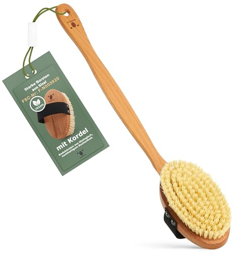 QUOALA® Premium Badebürste/Body Brush – FSC-zertifiziert, Naturborsten (Sisal) & Kordel – Körperbürste mit langem Stiel für Rücken, Trocken- & Nassbürste – 100% Made in Germany