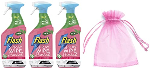 Flash Sparkling Home, Spray Wipe Hinched, Antibacterial Multi-Surface Cleaner, 800ml, Wild Berries Scent, 3Pk + Our Gift for You: Organza Bag Size: 9x7x0.1cm