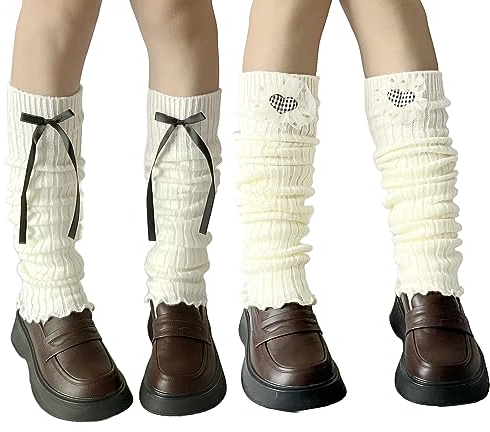 SWANONLAND Damen-Beinstulpen, niedlich, gerippt, lange Stiefelsocken, Weiß mit langer schwarzer Schleife + Weiß mit schwarzem Herz, Einheitsgröße