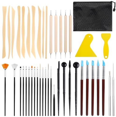 DICLLY Kit da 44 Pezzi Attrezzi per Ceramica - Strumenti di Scultura,Modellazione,Gravura in Argilla con Borsa - Set Completo per Artisti,Hobby Creativi in Ceramica & Terracotta,Argilla Polimerica