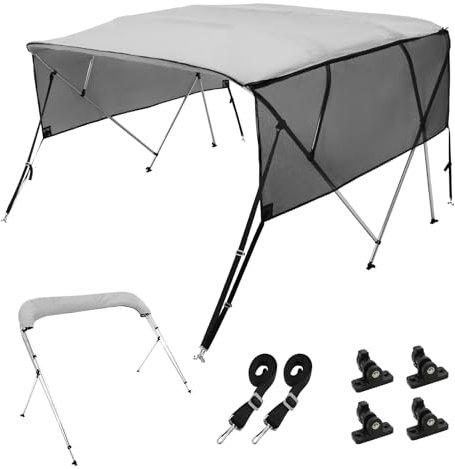 VEVOR 4-Bogen-Bimini-Top-Bootsabdeckung, 216–228 cm Einbaubreite 600D-Polyester-Überdachung, Bootsverdeck mit Abnehmbare Mesh-Seitenwände, Wasserdicht & Sonnenschutz, inkl. Aufbewahrungsbox Hellgrau