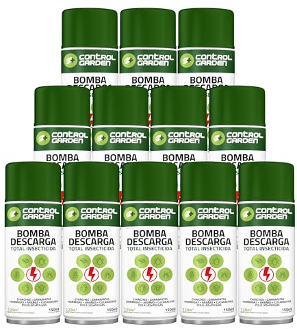 CONTROL GARDEN Pack 12 Insecticida Descarga Total 150 ML Interior y Exterior | Repelente Anti Insectos: Chinches, Ácaros, Hormigas, Arañas... | Fungicida Larvicida Ovicida Bomba de Humo Espacio 120 m2