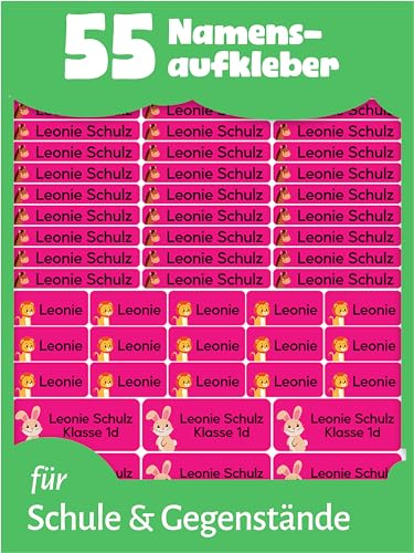 LabelTiger® Personalisierte Namensaufkleber im Set für Kinder in der Schule - 55 Stück, Aufkleber für Stifte und Schulsachen, Selbstklebend & Wasserfest - Pink