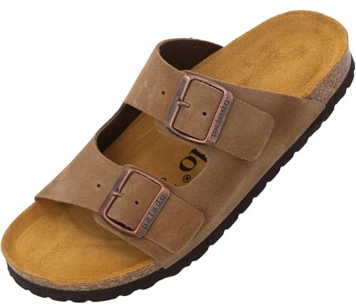Palado Pantoletten Herren Korfu Premium Leather - gefertigt in Spanien - hochwertiges Leder - Veloursleder-Decksohle - bequemes Weichfußbett - EVA-Sohle Hellbraun UK8 - EU41